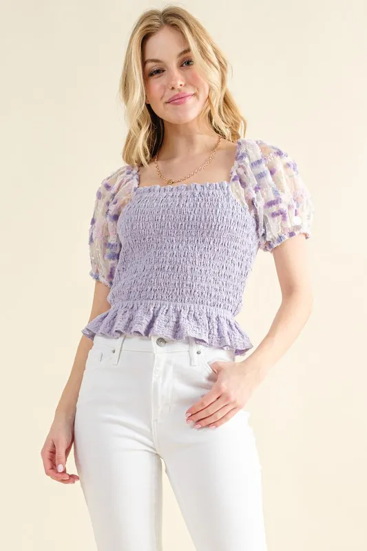 Embellishment Sleeve Smocked Top