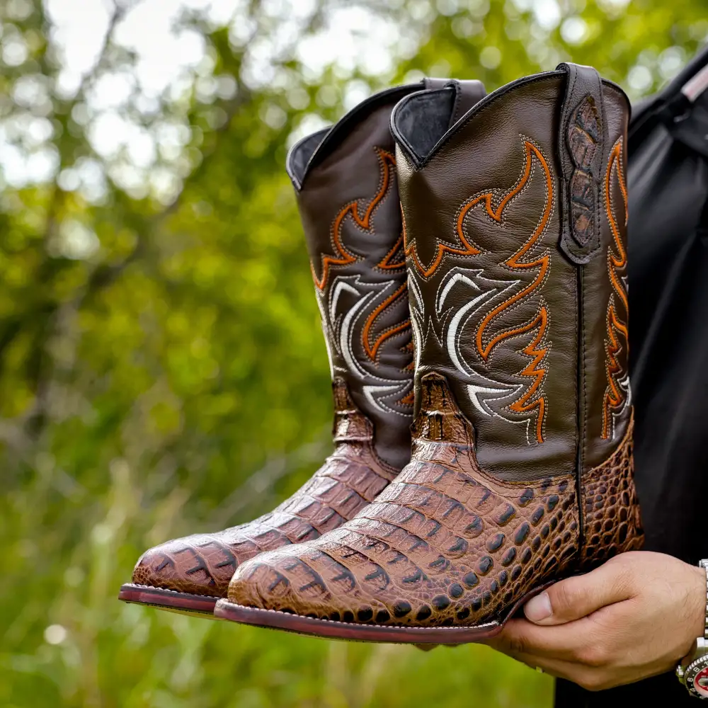 Honey Caiman Hornback Leather Boots - Round Toe