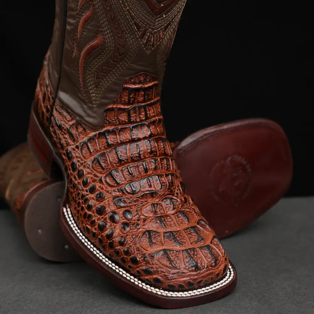 Cognac Caiman Neck Leather Boots - Square Toe