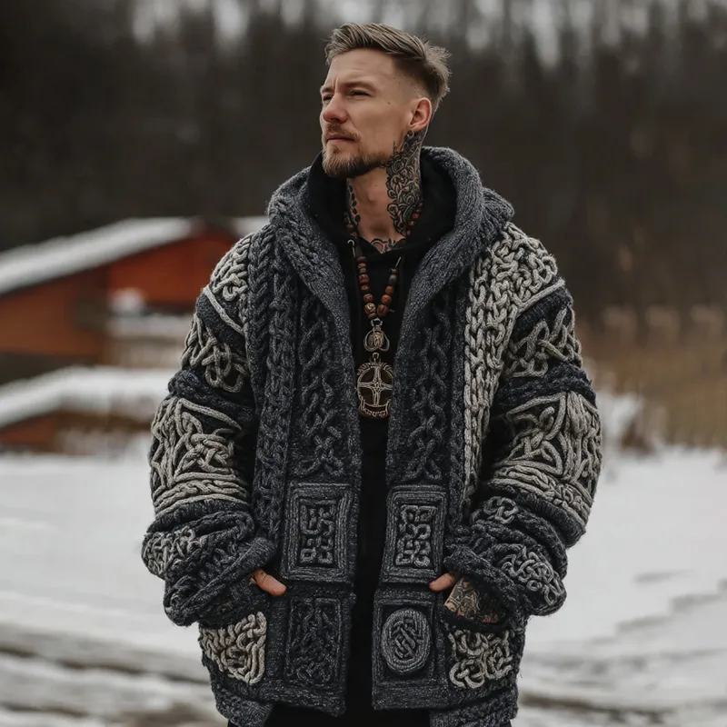 Men's Viking Celtic Knot Contrast Button Cozy Midi Cardigan Sweater