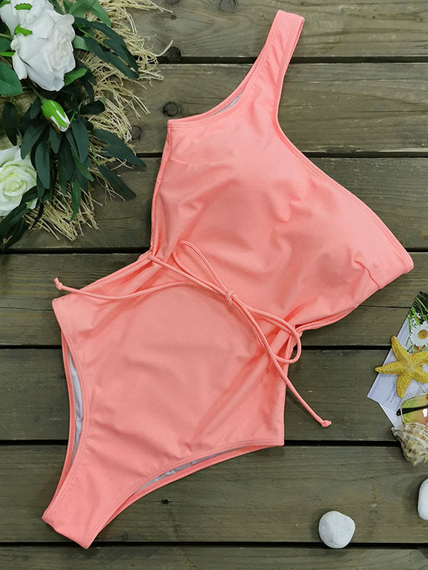 One-Shoulder Belted Chinlon One-Piece Swimwear