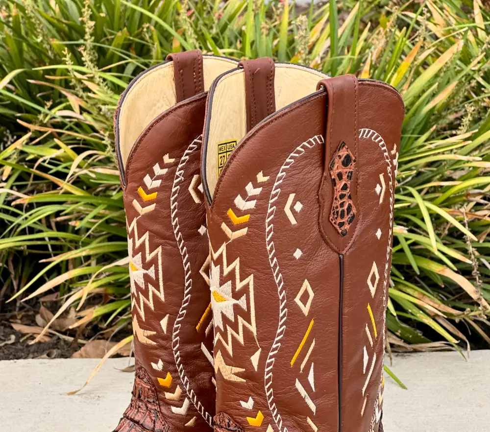 Mens Cognac Crocodile Horn-Back Leather Boots