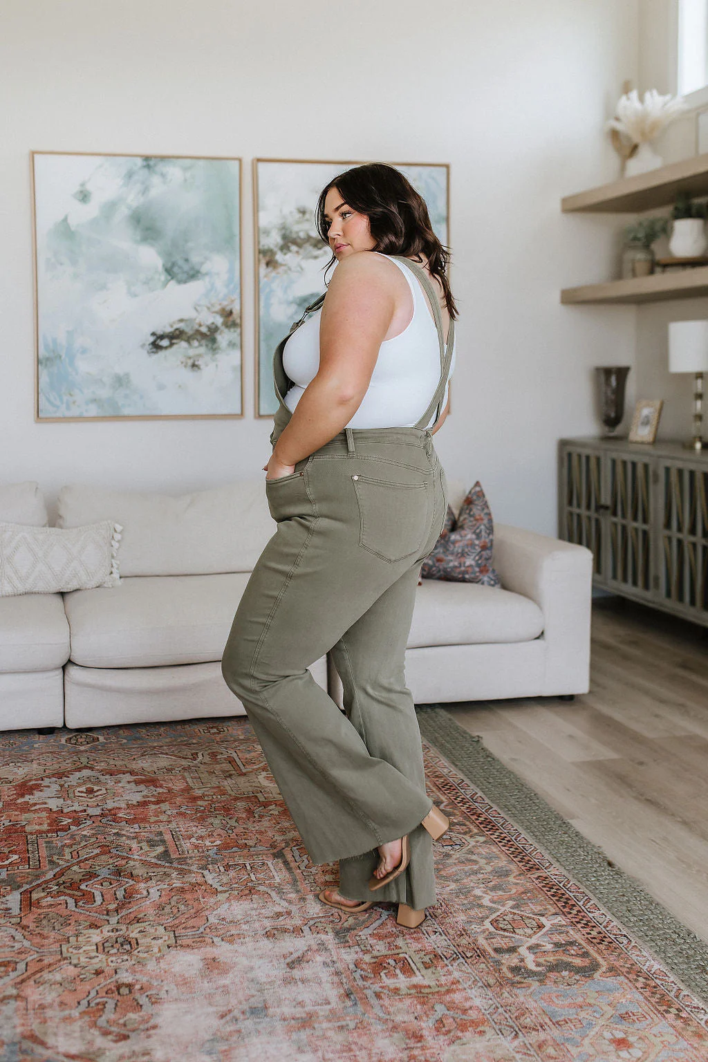Blue Olivia Control Top Release Hem Overalls in Olive