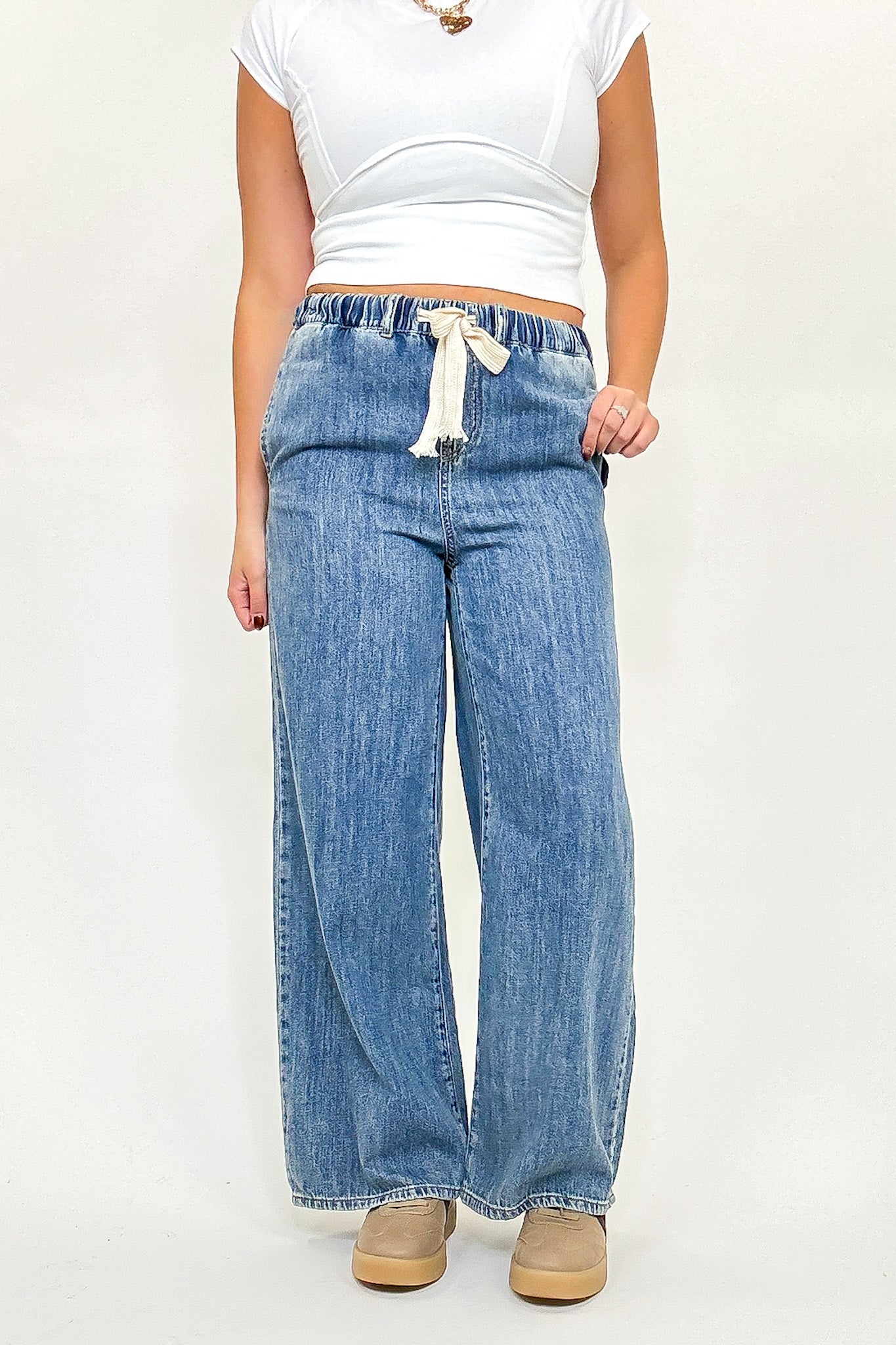 Luxe Leisure Drawstring Elastic Waist Denim Pants