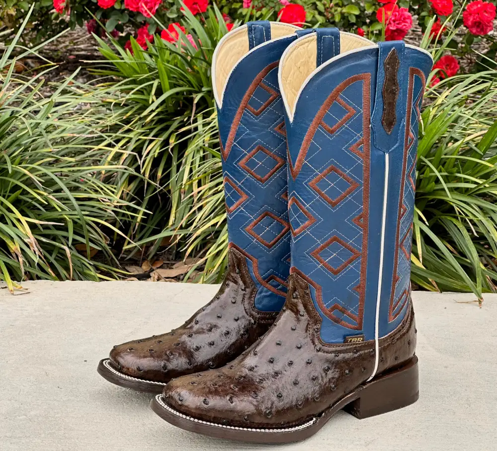 Mens Brown Ostrich Leather Boots With Blue Shaft