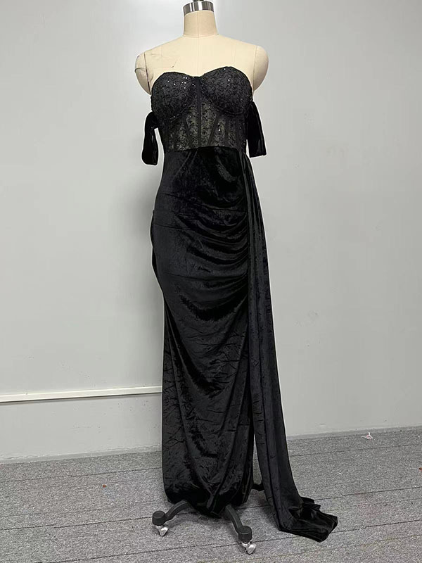 Flower Lace Mesh One-Shoulder Short Sleeves Evening Mermaid Maxi Dresses