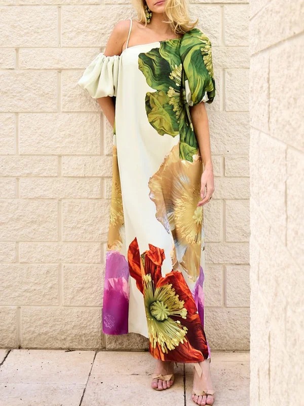 A-Line Loose Elasticity Flower Print One-Shoulder Maxi Dresses