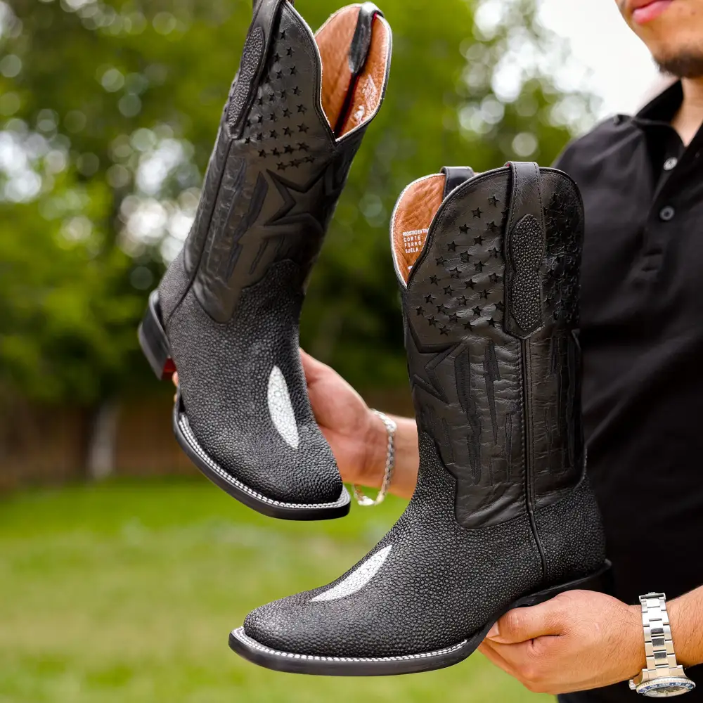 Black Stingray Leather Boots - Square Toe