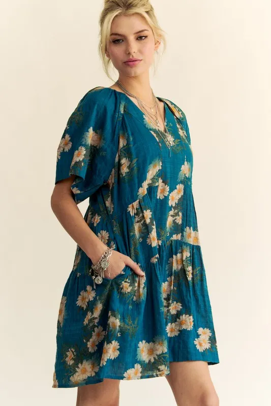 Floral Print Short Bell Sleeve Pleated Mini Dress