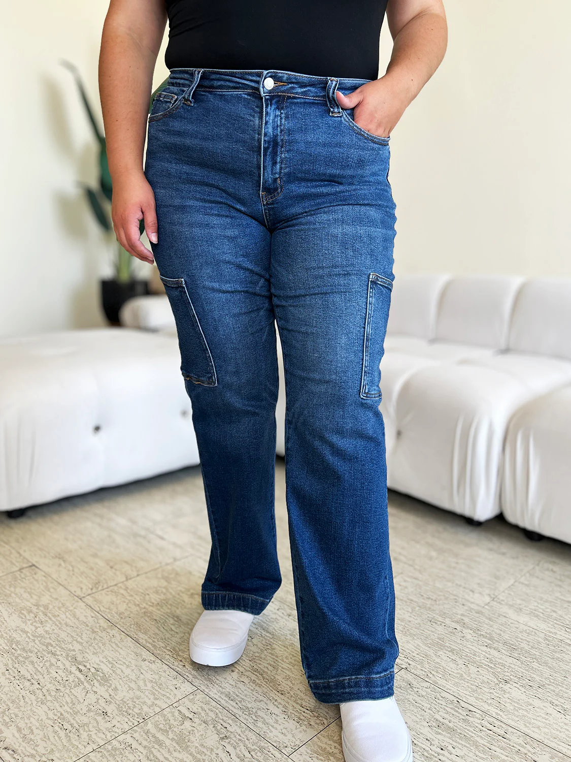 Blue Full Size High Waist Straight Cargo Jeans