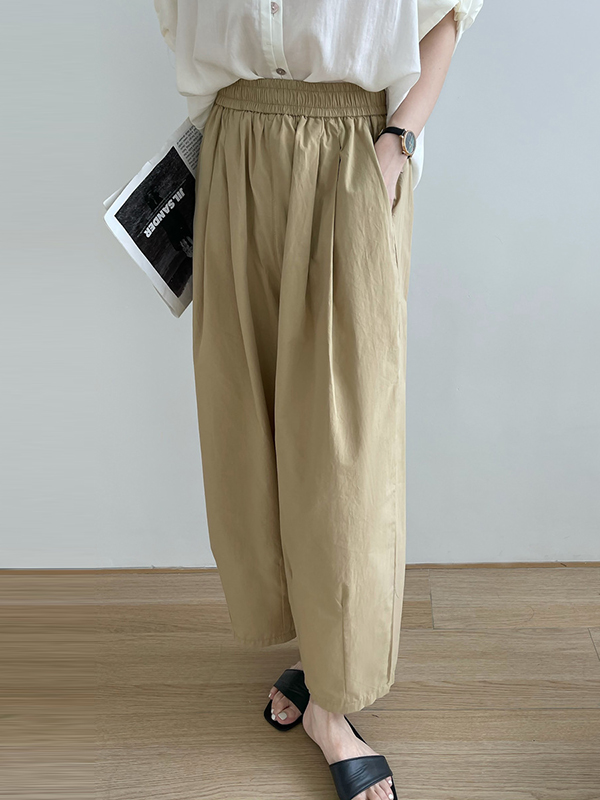 Elasticity Pleated Solid Color Split-Joint High Waisted Loose Trousers Pants
