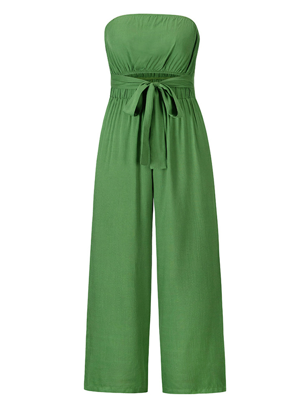 Original Cold Shoulder Tied Solid Color Straight Leg Jumpsuits