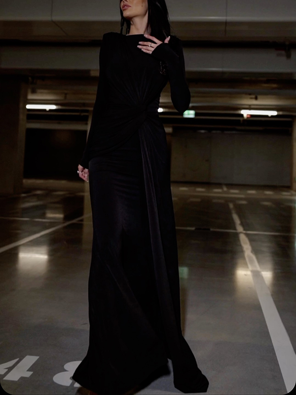 Solid Color Long Sleeves Mermaid Round-neck Maxi Dresses Evening Dresses