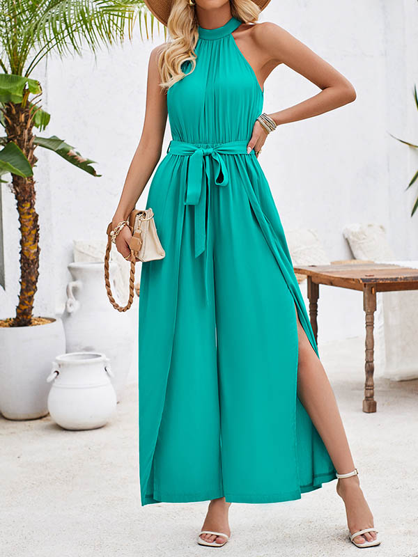 Pleated Solid Color Split-Front Tied Waist High Waisted Loose Halter-Neck Jumpsuits
