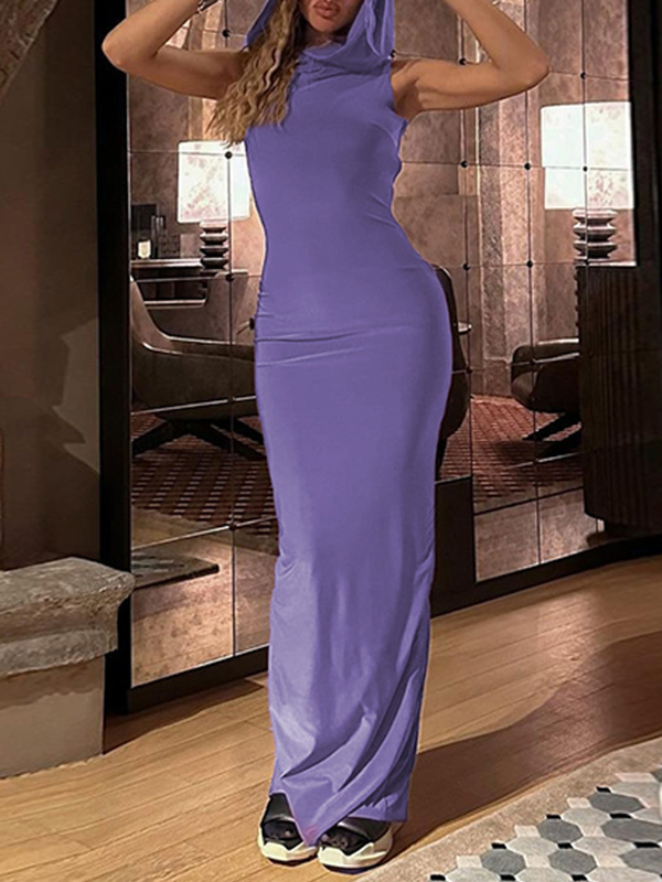 Hooded Solid Color Split-Back Bodycon High Waisted Maxi Dresses