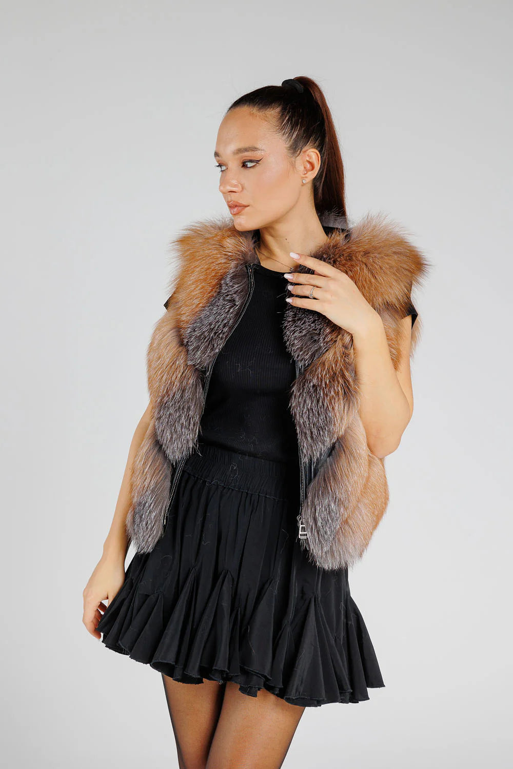 Haină din Blană Naturală de Vulpe Argintie, Transformabilă, V Model, cu Glugă Detașabilă, Femei, Brown Frost 380