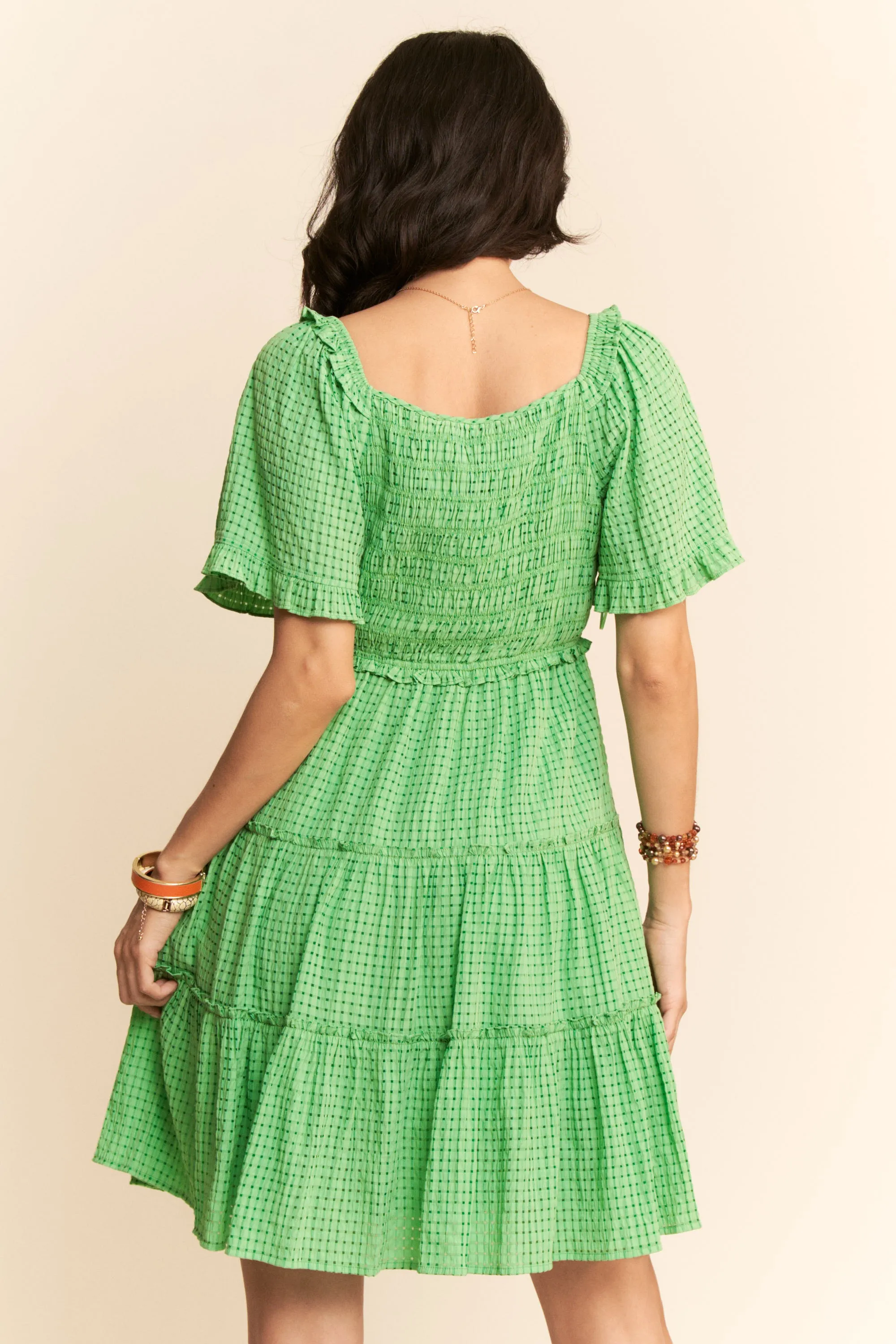 Jacquard Checker Smocking Tiered Dress