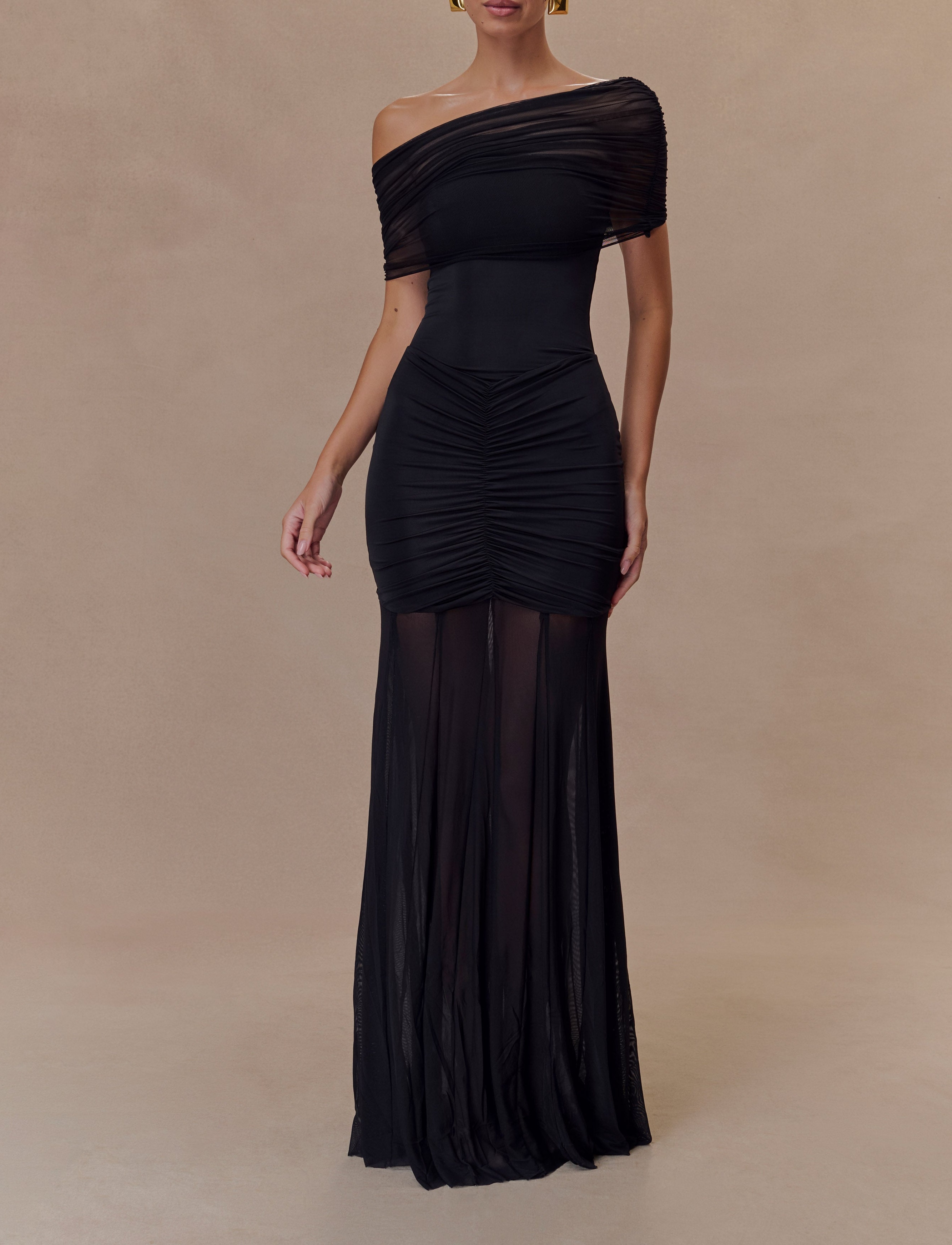 Black Slinky And Mesh Off Shoulder Maxi Dress
