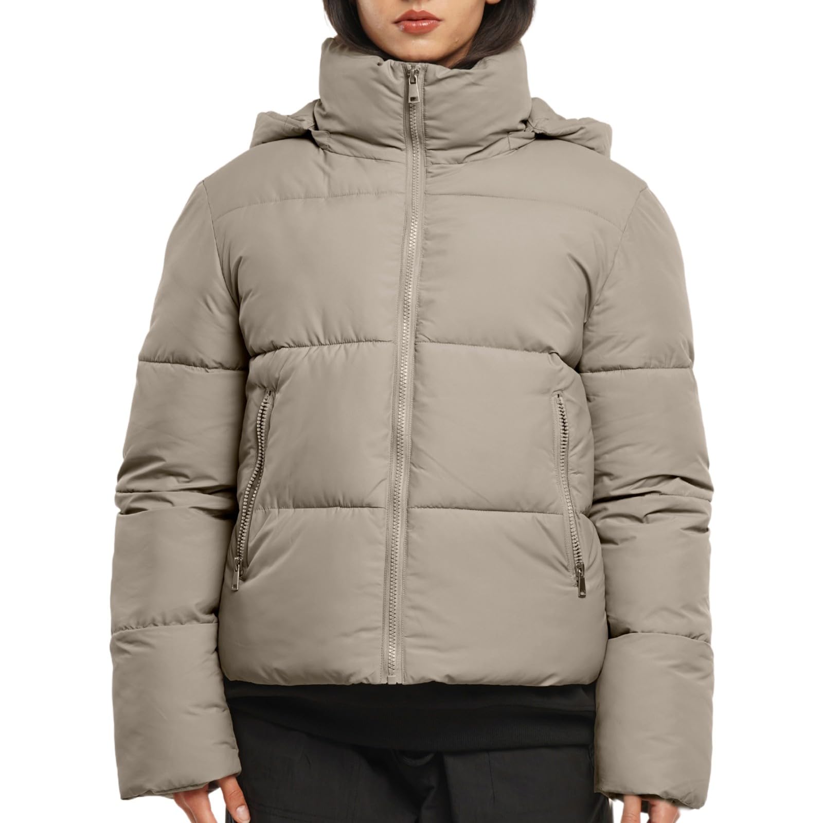 WarmCore Premium Short Puffer Jackets with Removable Hood & Optional Faux Fur Linging, Lady Casual Outerwear Longsleeves Zip Pockets Warm Quilted Coat