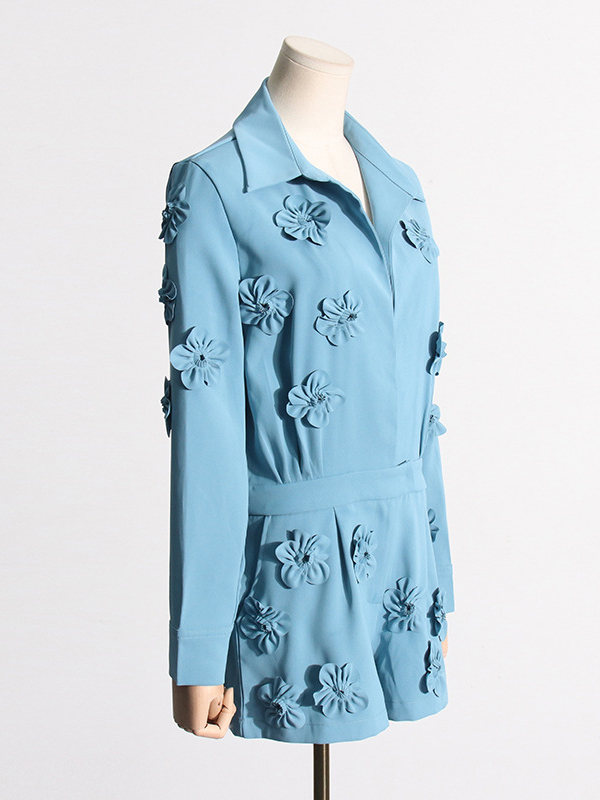 Solid Color Three-Dimensional Flower High Waisted Long Sleeves Lapel Rompers