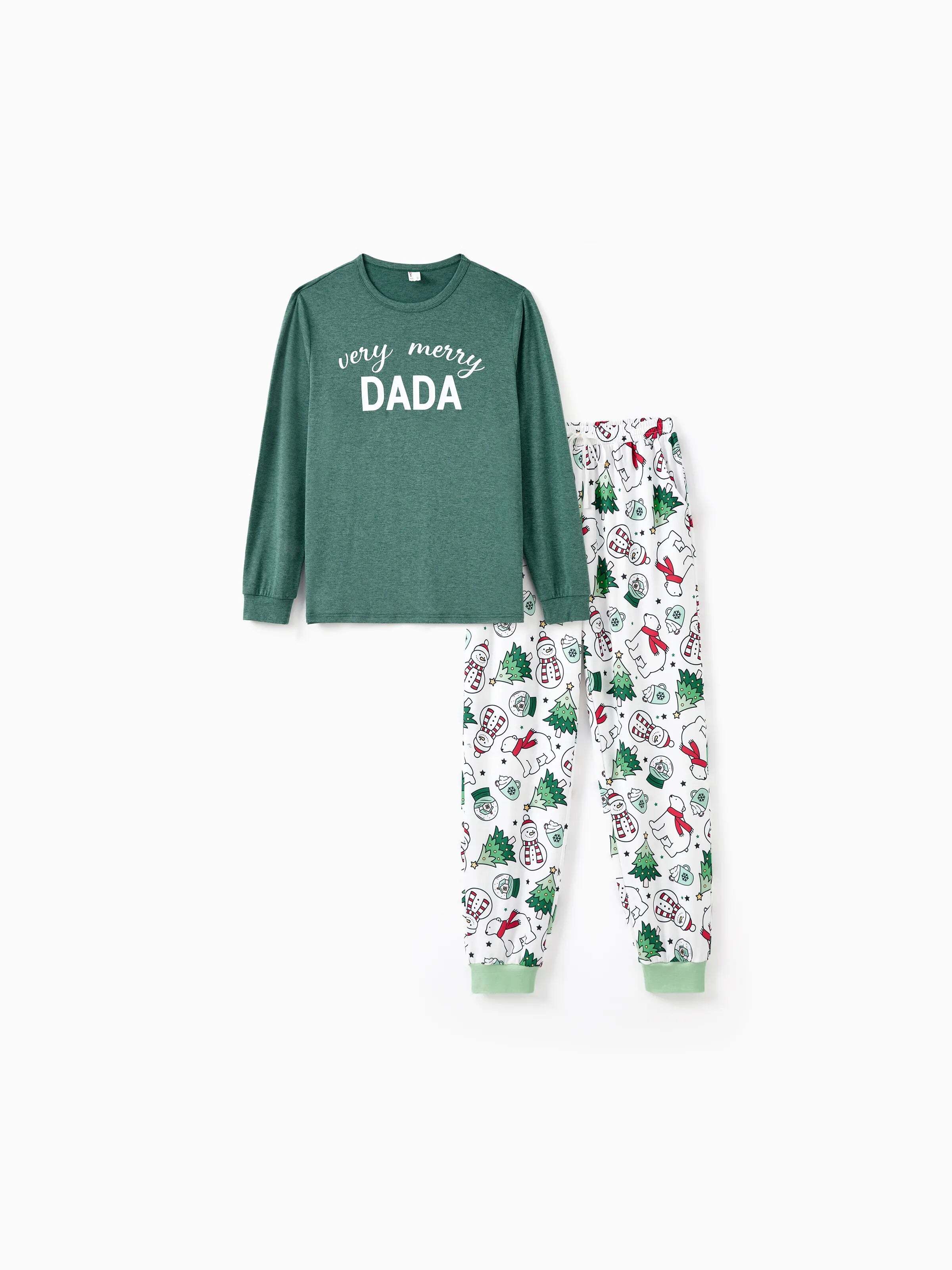 Christmas Family Matching Long Sleeves Very Merry Green Tops Allover Pattern Pants Pajamas Sets with Christmas Socks MediumSpringGreen