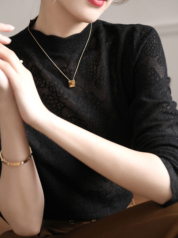 Hollow Jacquard Solid Color Long Sleeves T-Shirts Tops Knitwear