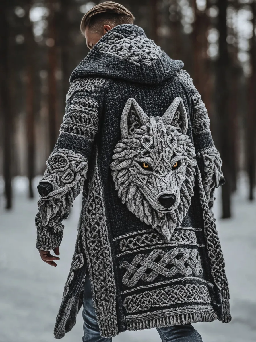 Men's Viking Style Celtic Knot Wolf Head Sweater Cardigan