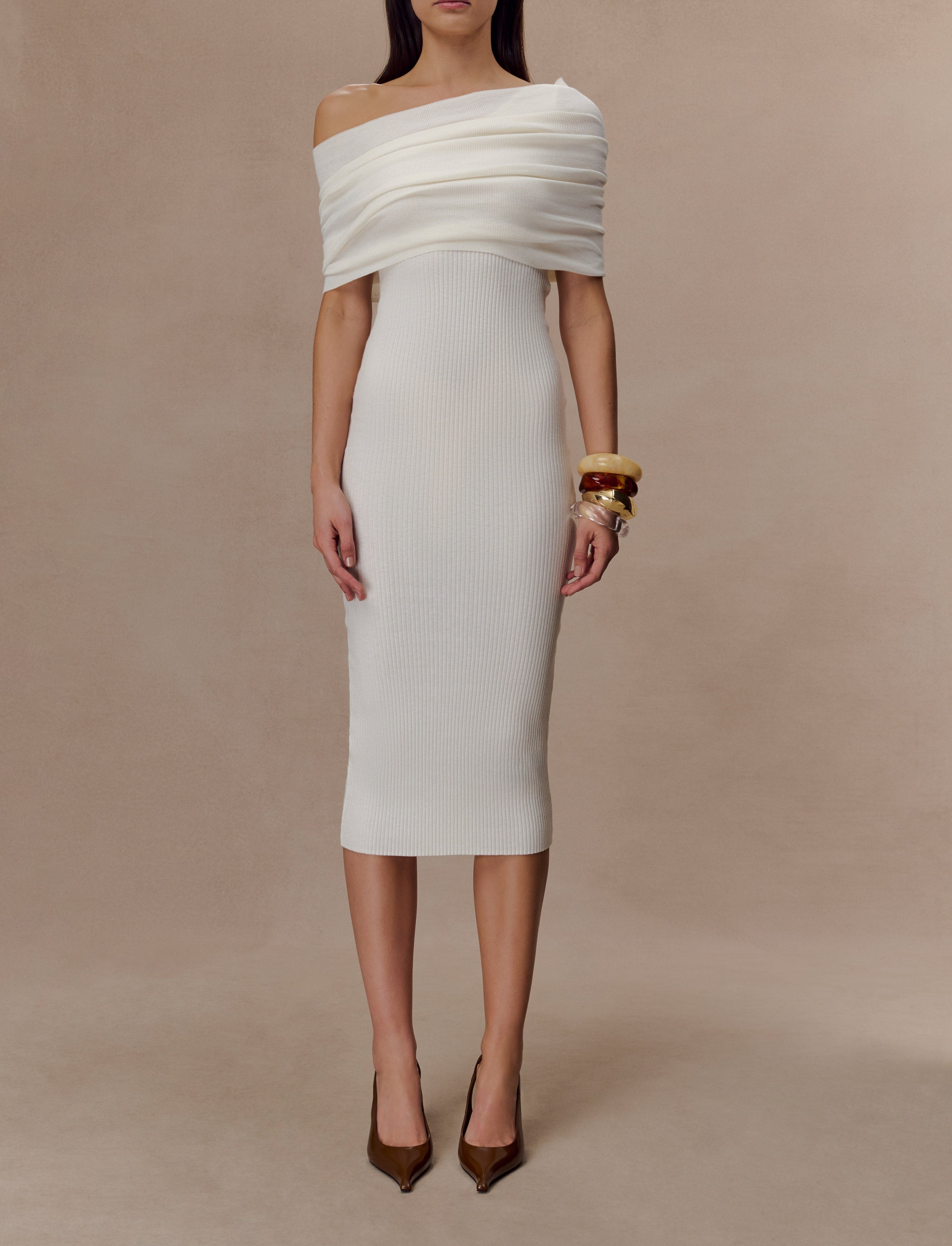 Ivory Cashmere Blend Knit Midi Dress