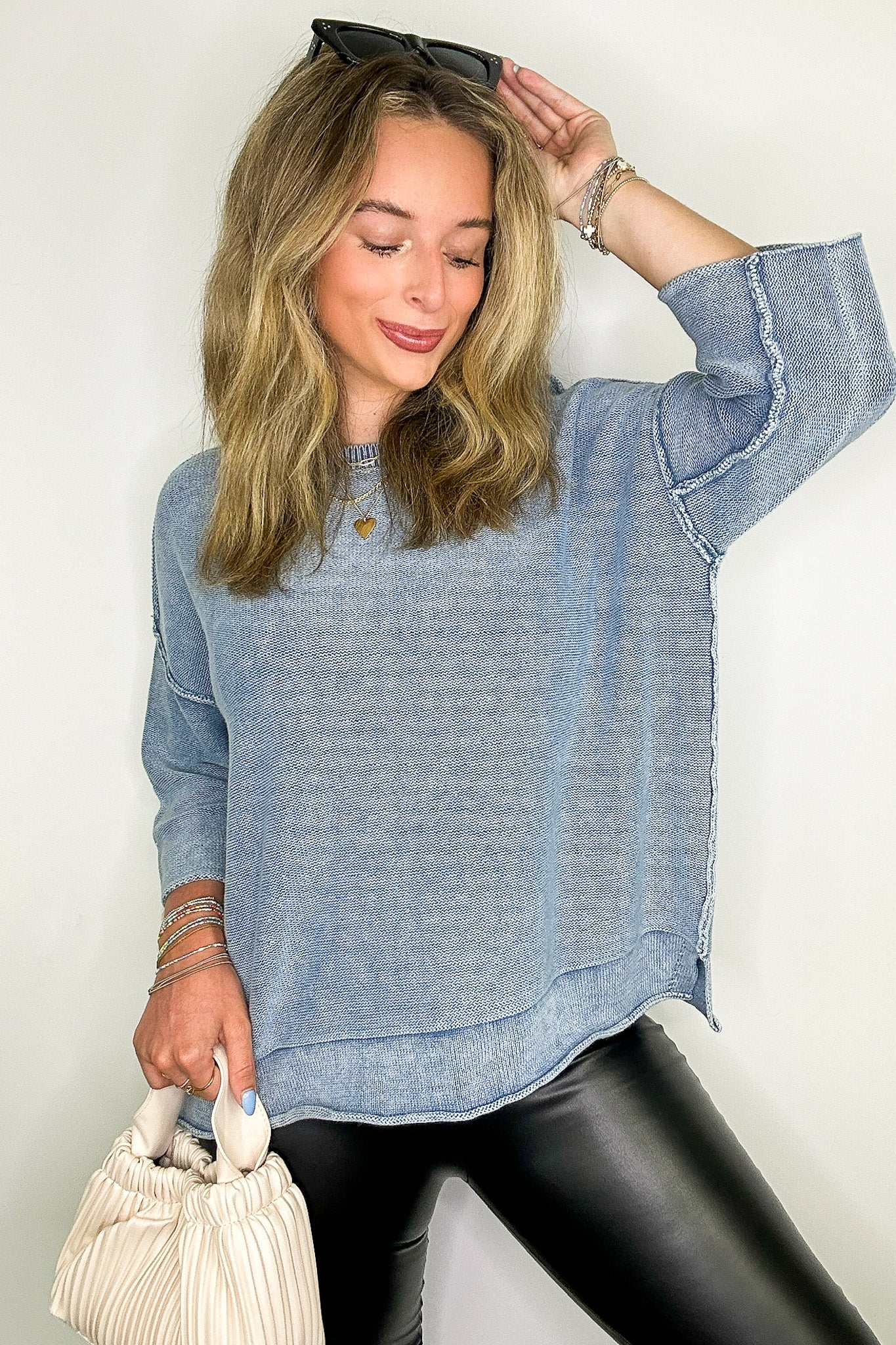 Cozy Fade Washed 3/4 Sleeve Relaxed Sweater