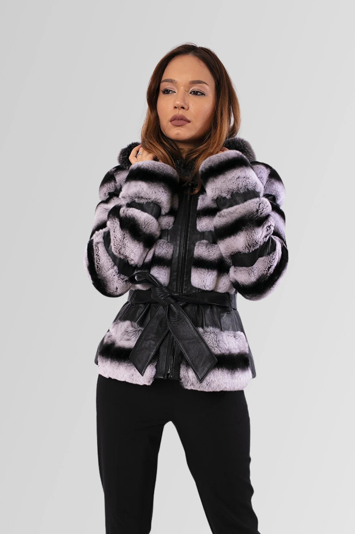 Haină din Blană Naturală de Rex Chinchilla, cu Glugă și Cordon, Femei, Grey Frost 173