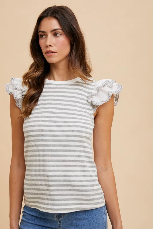 Wear Ruffled Striped Round Neck Cap Sleeve Knit Top