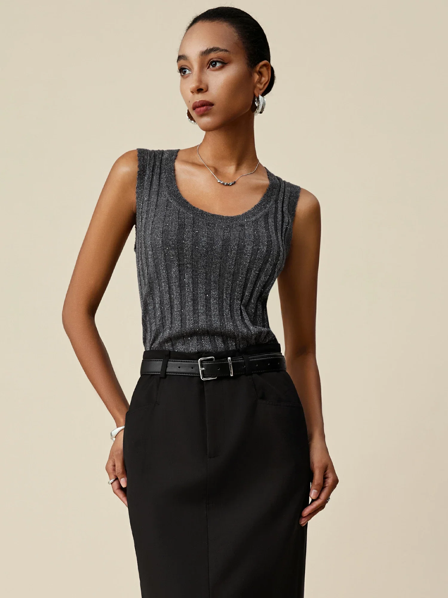 Wool U-Neck Sequin Knitted Vest