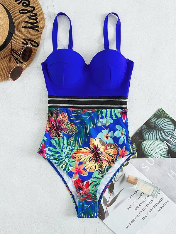 Underwire Split Joint Floral Spaghetti Neck One Piece Swimsuit
