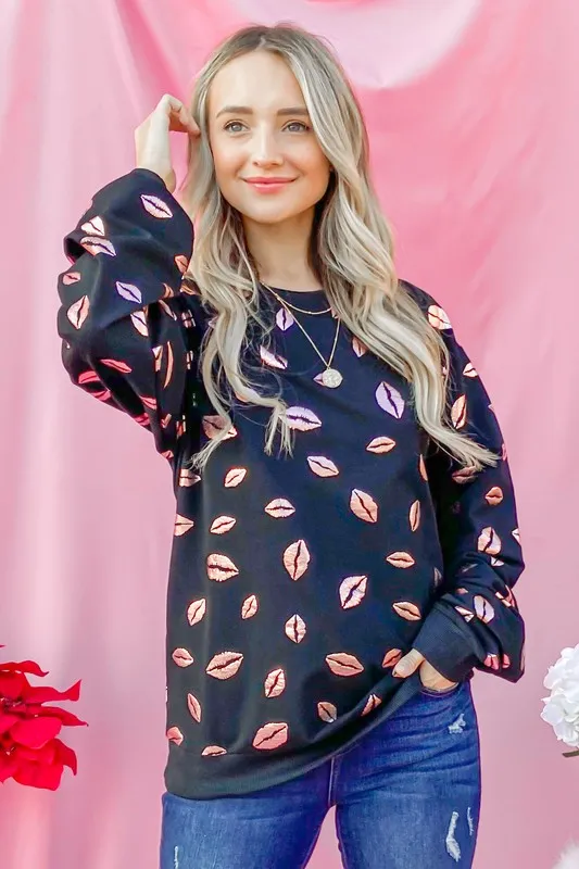 Kiss Pink Foil Allover Print Pullover Sweatshirts