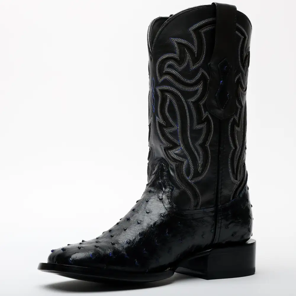 Black/Blue Ostrich Leather Boots - Square Toe