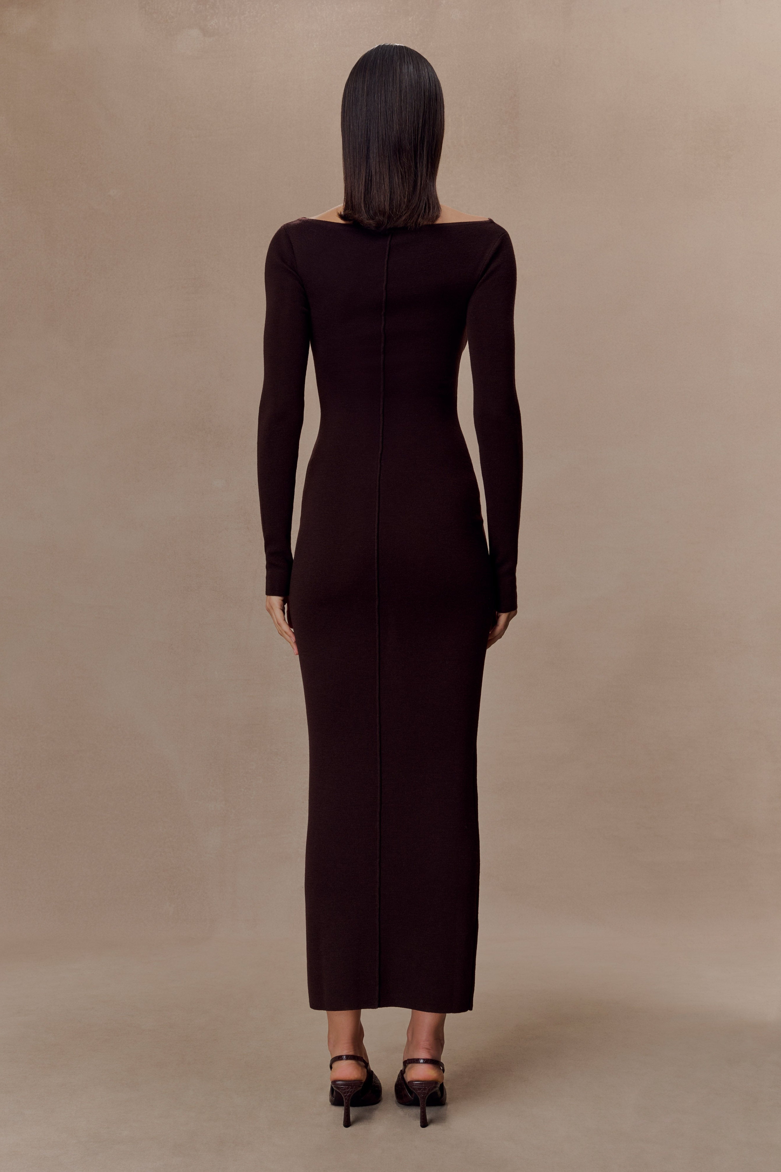Chocolate Merino Wool Ribbed Long Sleeve Maxi Dress