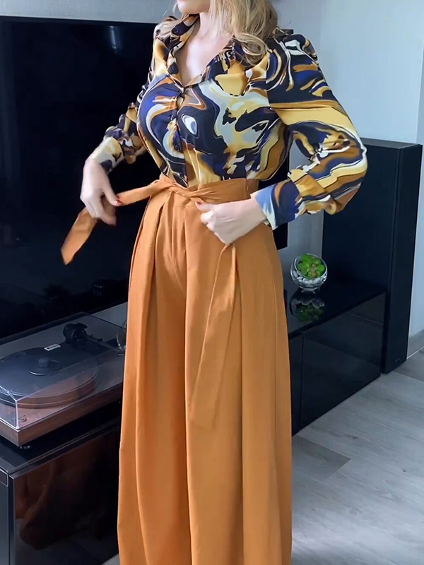 Printed Buttoned Lapel Blouse + Tied Waist High Waisted Wide Leg Pants Two Pieces Set