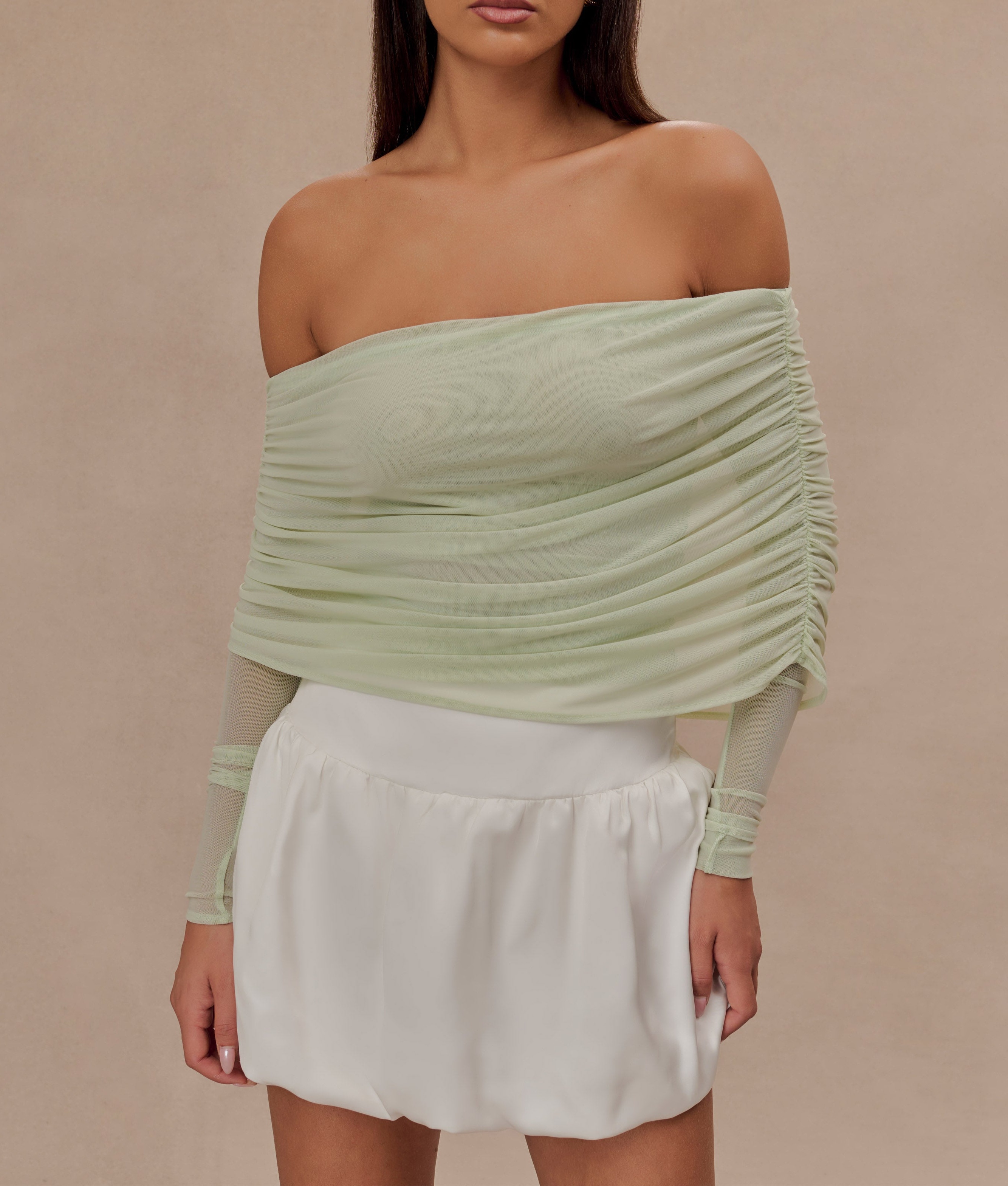 Green Sheer Mesh Off Shoulder Top
