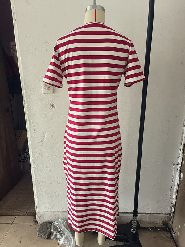 Printed Split-Side Striped A-Line Loose V-Neck Midi Dresses