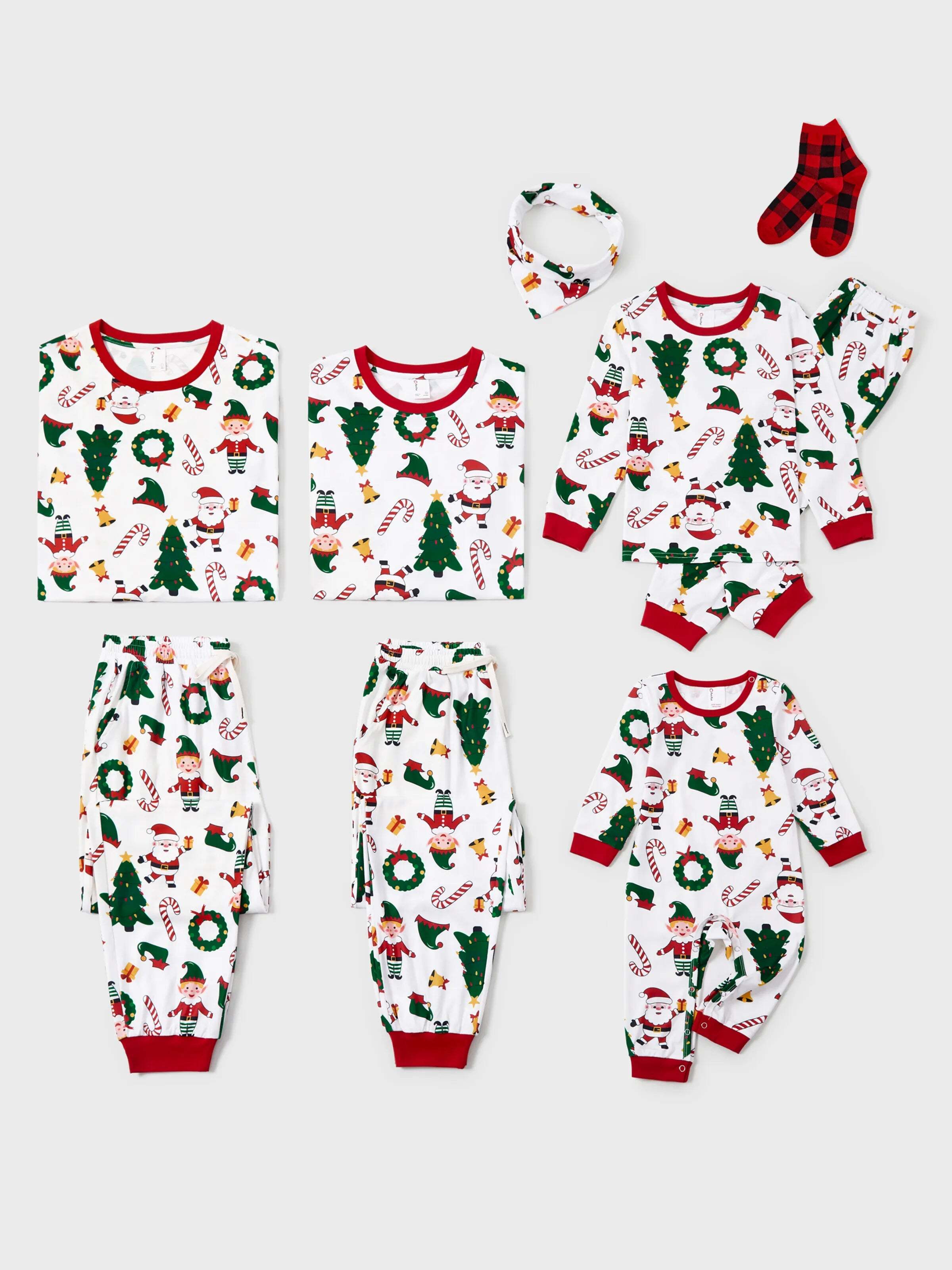Christmas Matching Family Pajamas Set Santa Claus and Christmas Tree Print Long-sleeve PJS with Christmas Socks White