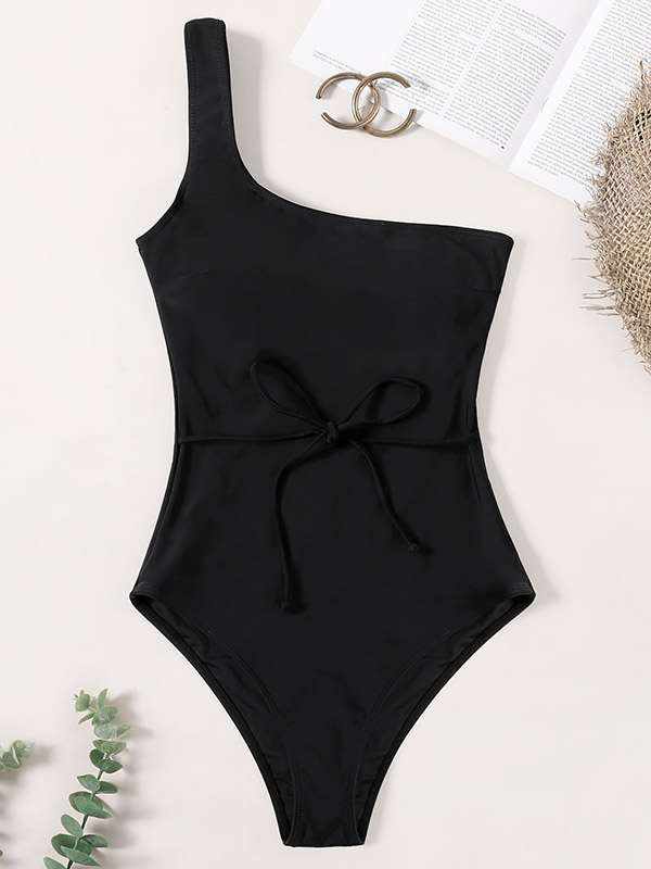 One-Shoulder Belted Chinlon One-Piece Swimwear
