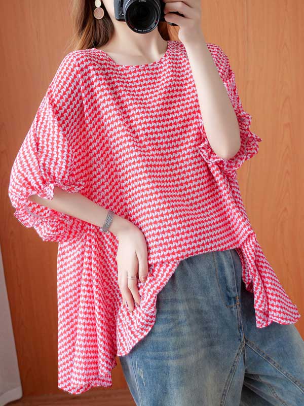 Casual Split-Joint Plaid Round-Neck Batwing Sleeves T-Shirts