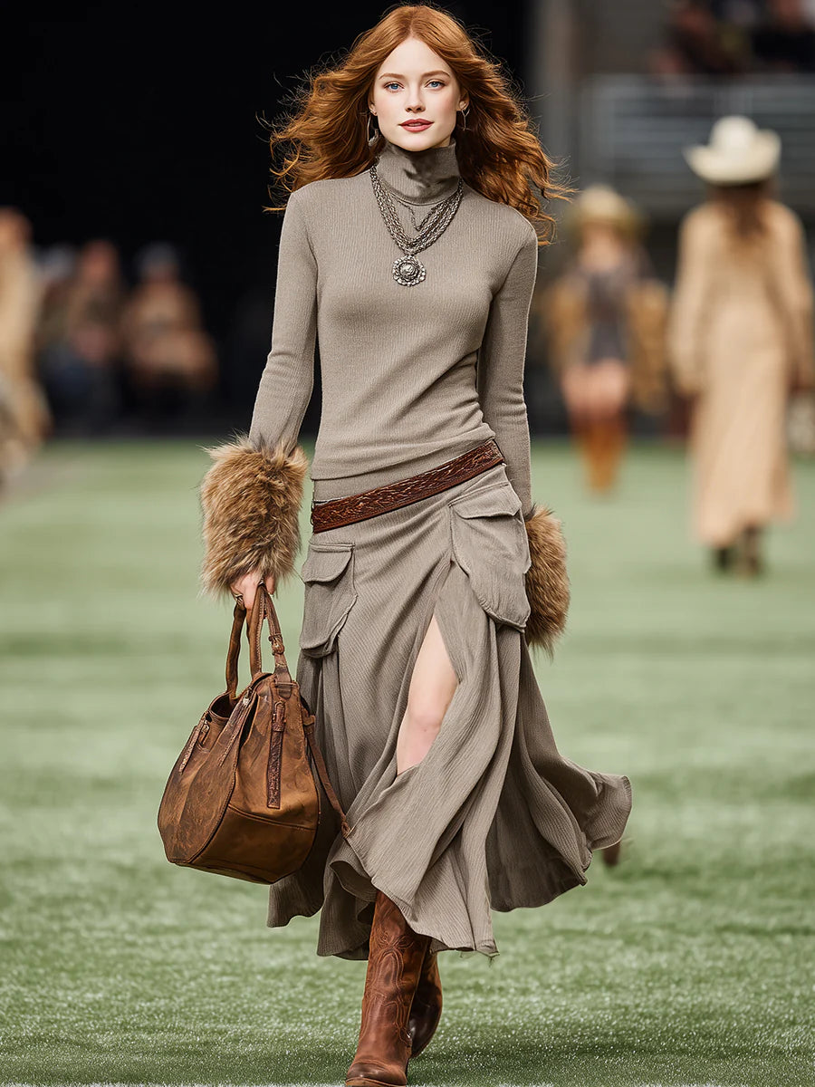 Western-style Casual Plush Cuffs And Slits Khaki Turtleneck Maxi Dress