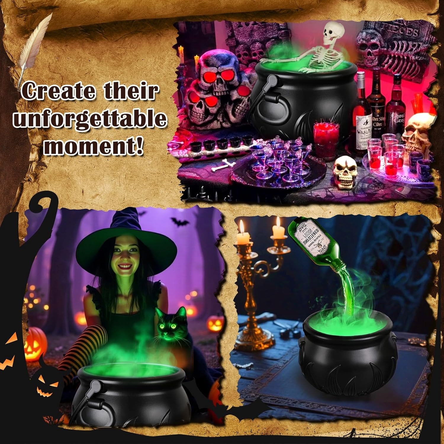 Cauldron Halloween Decor with Magic Floating Potion Bottles and Diffuser