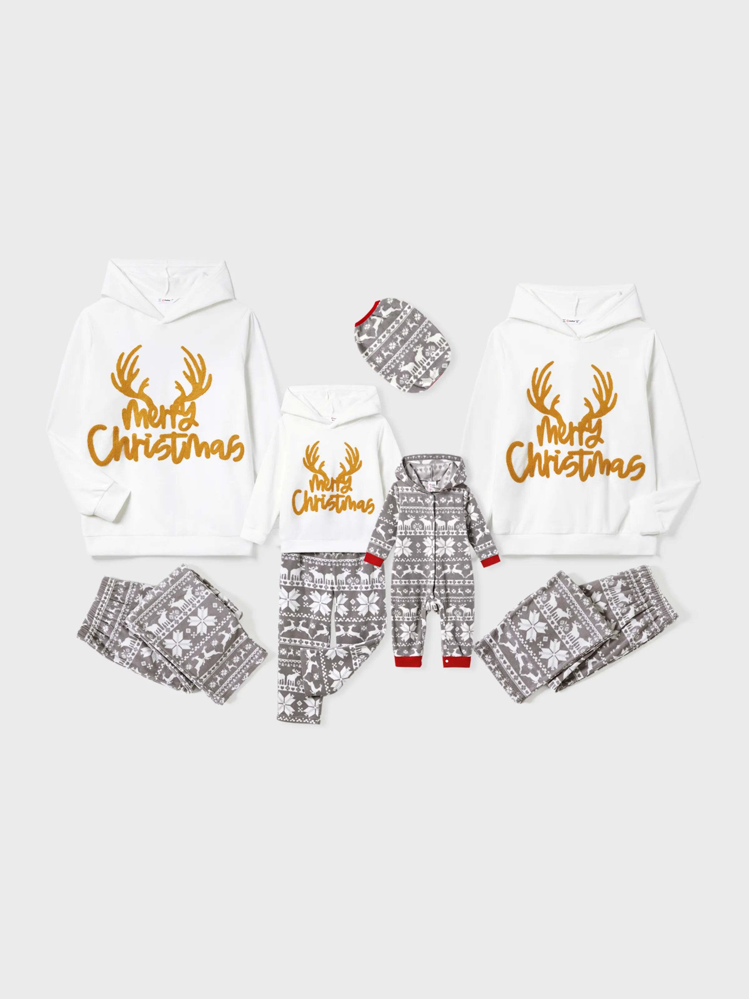 Christmas Family Matching Letters Embroidered Long-sleeve Hooded Fleece Pajamas Sets with Christmas Socks White