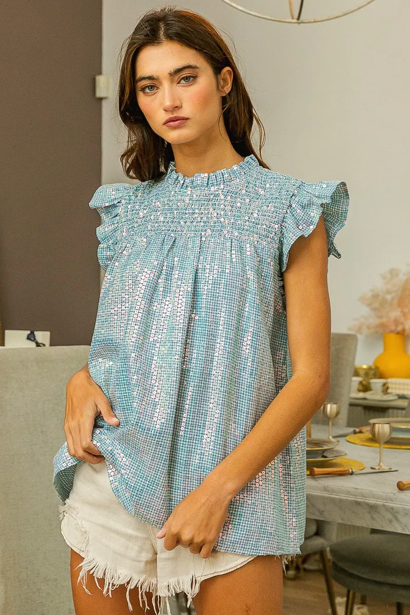 Clear Sequin All-over Gingham Smocked Top