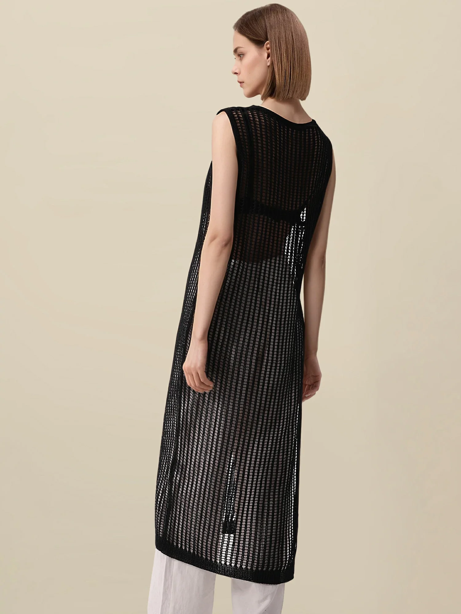 Lyocell Round Neck Sleeveless Cut-out Dress