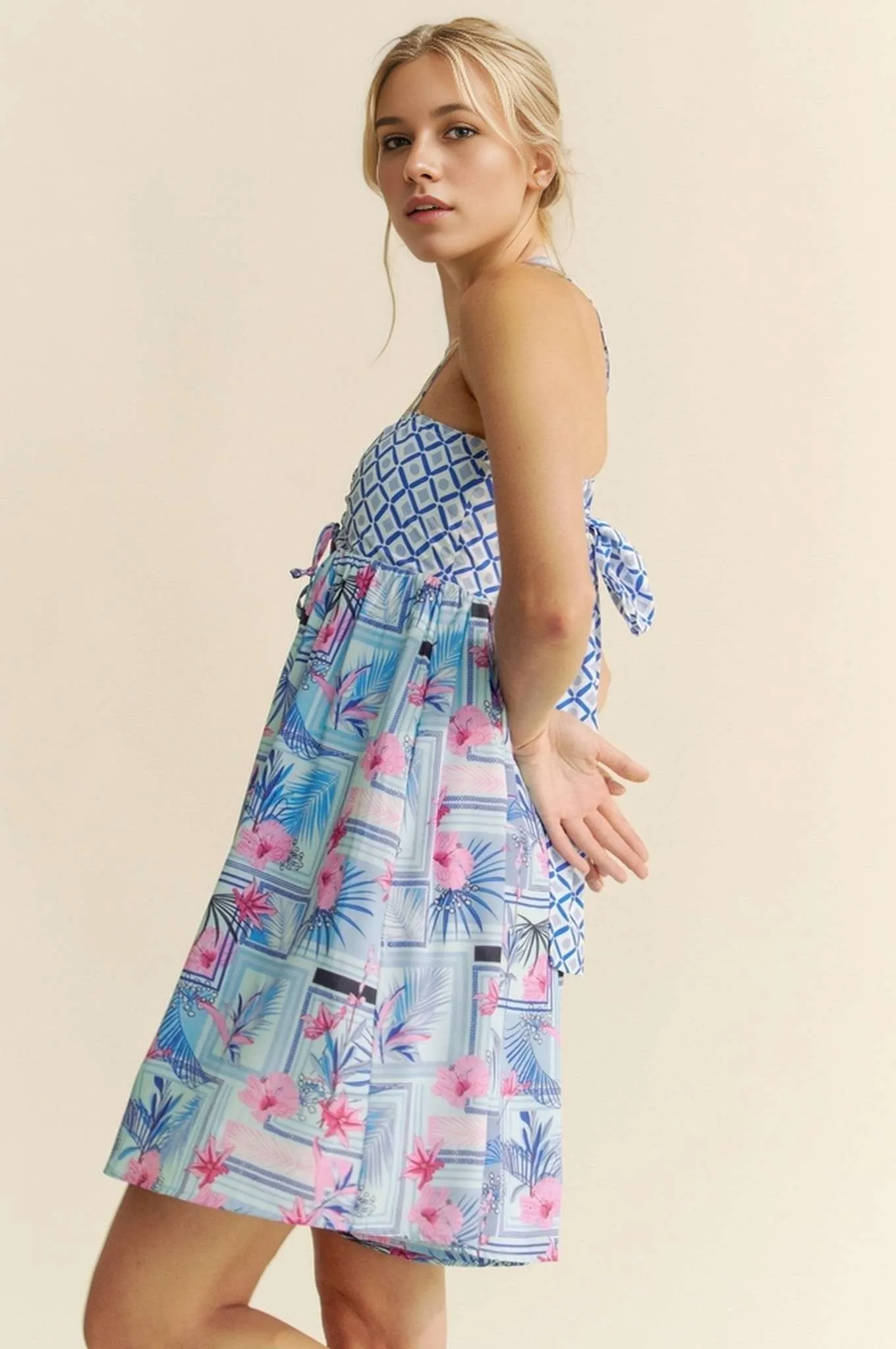 Tropical Floral Geo Print Tie Back Tube Top Romper