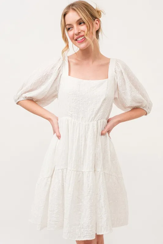 Square Neck Puff Sleeve Tiered Mini Dress