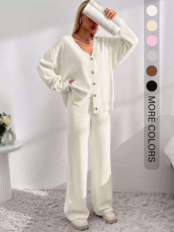Women’s Cozy Knit Cardigan & Wide-Leg Pants Set – Relaxed Button-Up Lounge Outfit